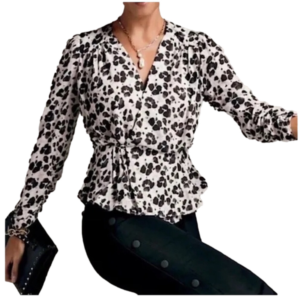 CABI Small Rosette Leopard Print Wrap Blouse Top Pleated Ruffle Hem Corpgore